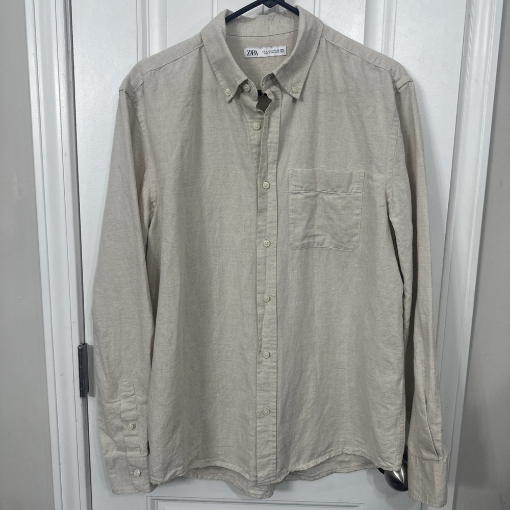 Zara Men's Long Sleeve Button Down Shirt Linen Cotton Vacation Beach Wear Medium